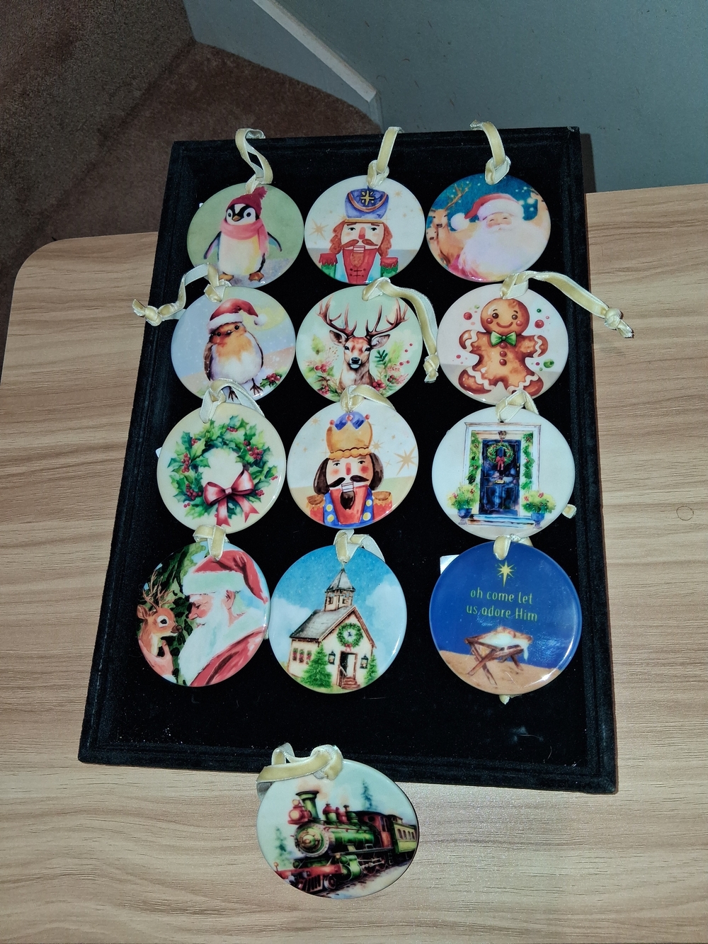 Holiday Ceramic Ornament. Assorted Christmas Designs in Multi-Color